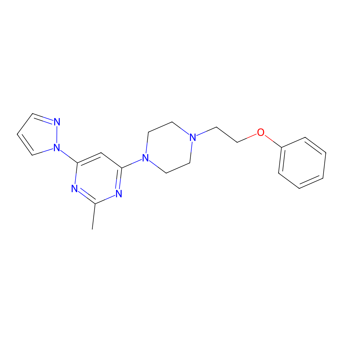 2-methyl-4-[4-(2-phenoxyethyl)piperazin-1-yl]-6-(1H-pyrazol-1-yl)pyrimidine molecular structure, CAS 2877705-85-4