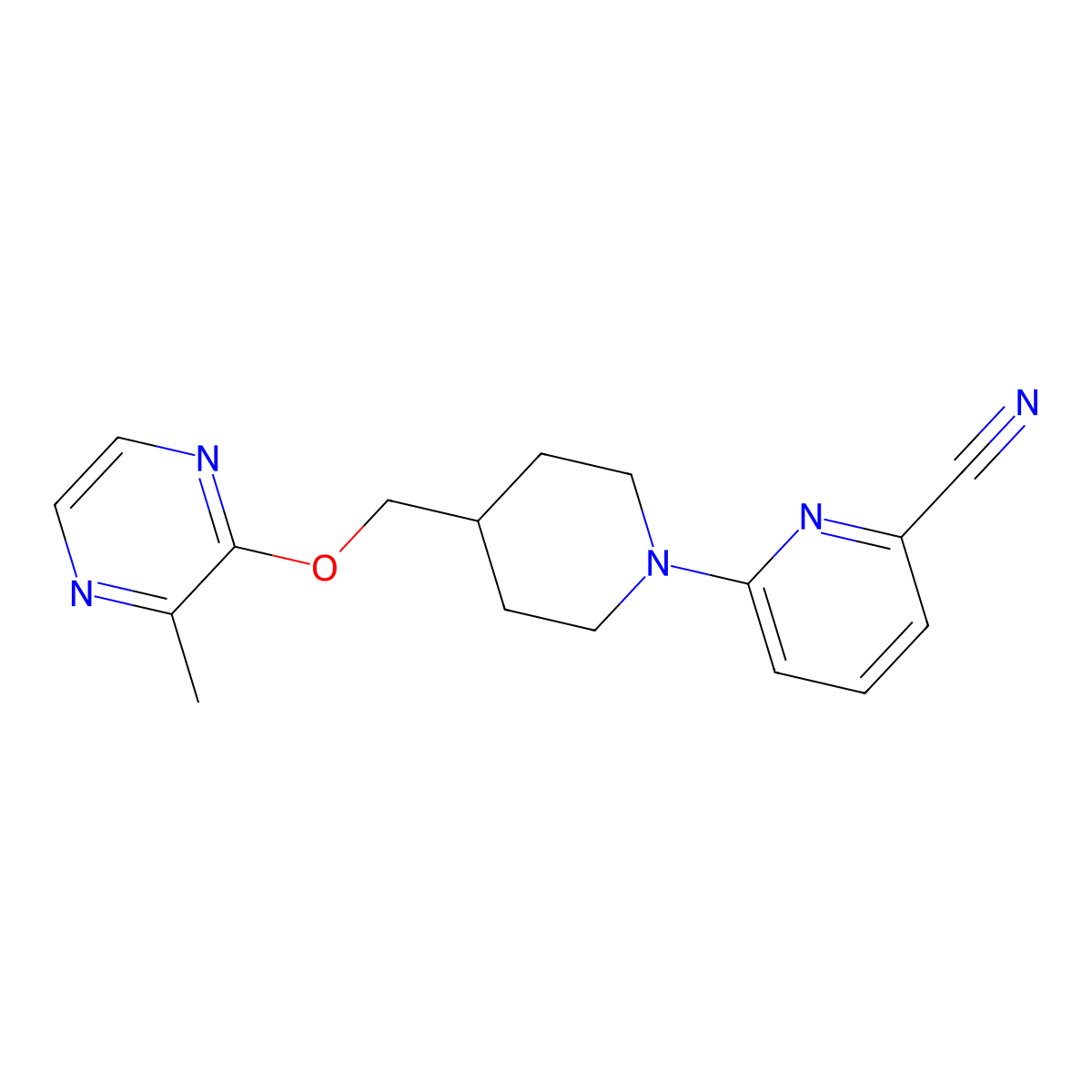 6-(4-{[(3-Methylpyrazin-2-yl)oxy]methyl}piperidin-1-yl)pyridine-2-carbonitrile molecular structure, CAS 2877705-87-6