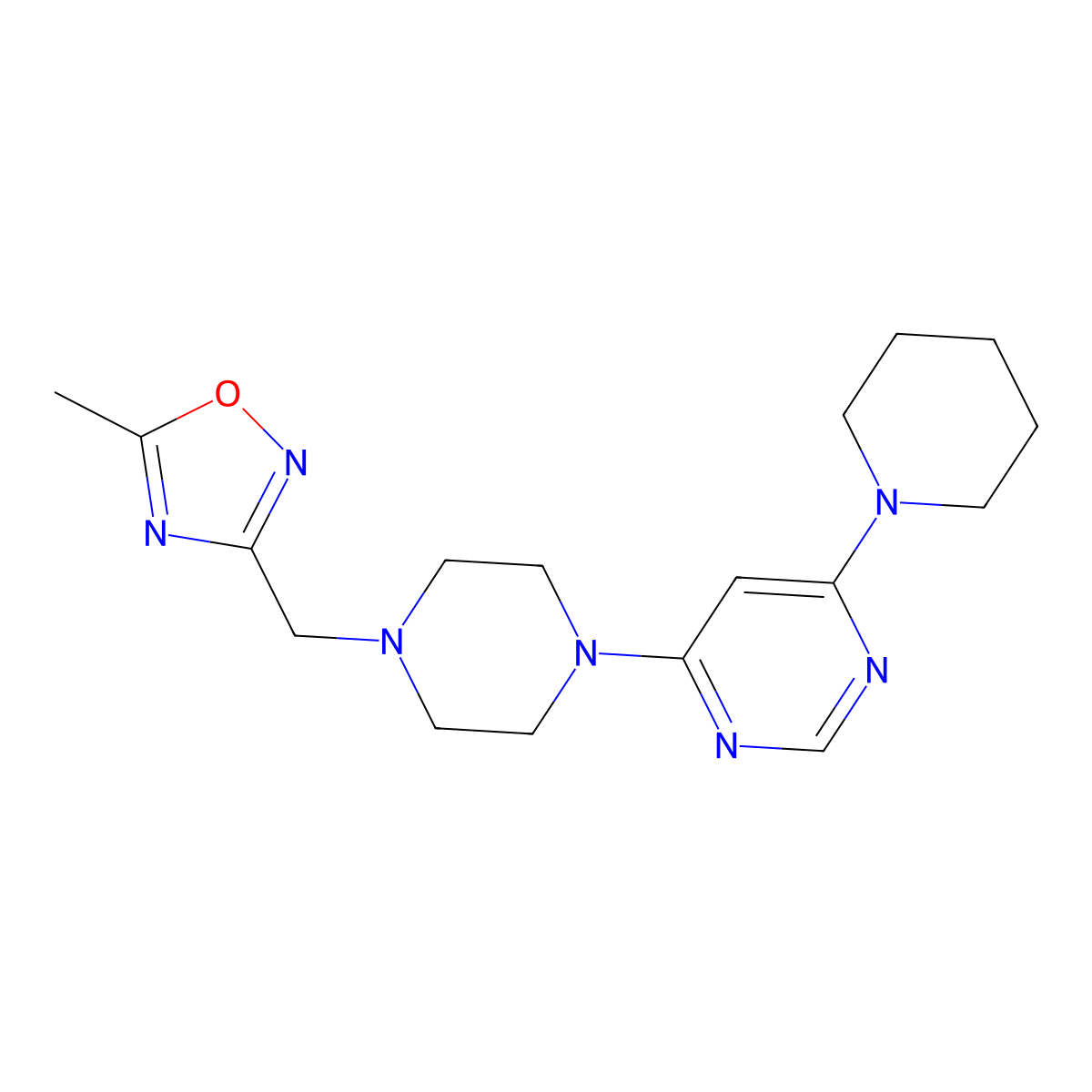 4-{4-[(5-Methyl-1,2,4-oxadiazol-3-yl)methyl]piperazin-1-yl}-6-(piperidin-1-yl)pyrimidine molecular structure, CAS 2877705-92-3