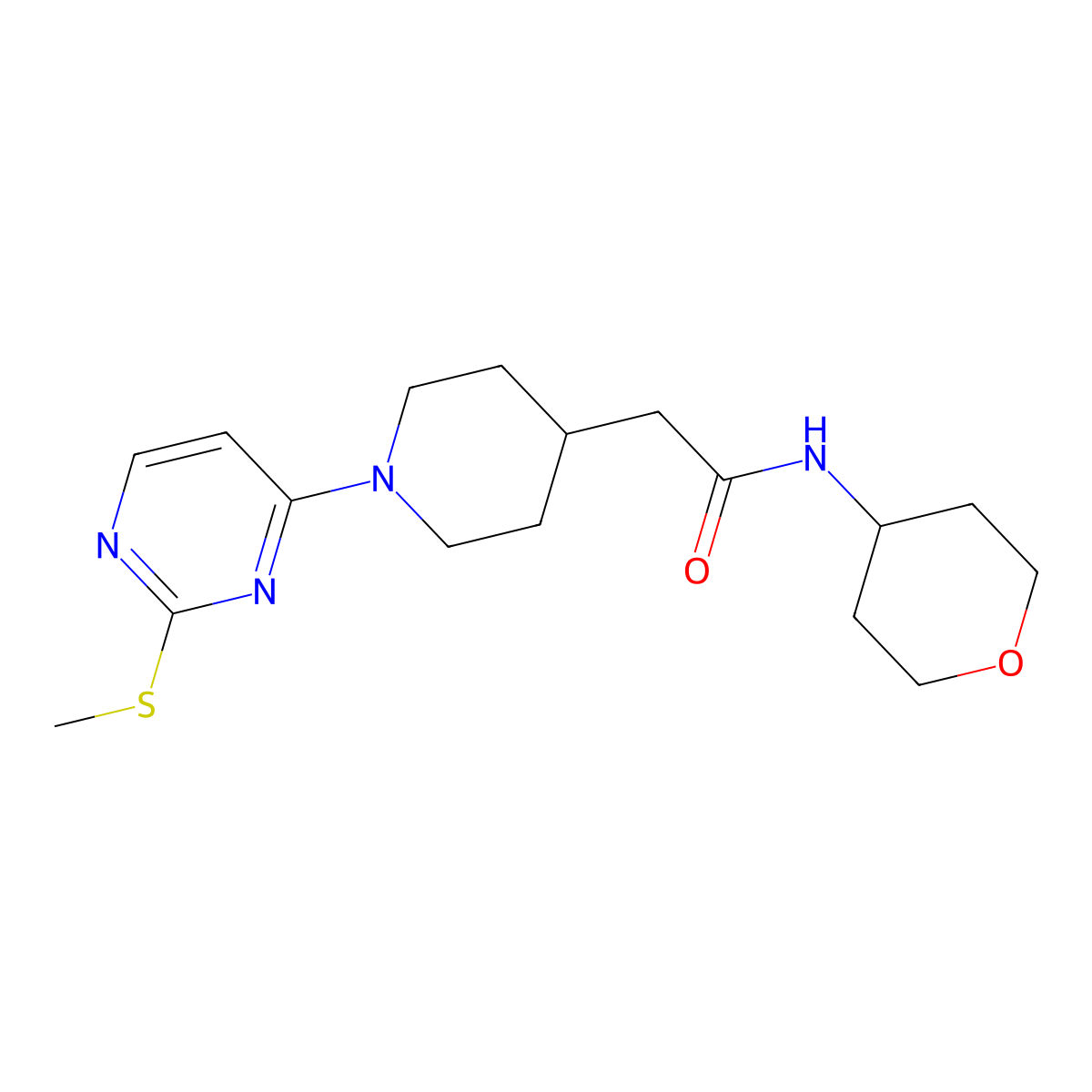 2-{1-[2-(methylsulfanyl)pyrimidin-4-yl]piperidin-4-yl}-N-(oxan-4-yl)acetamide molecular structure, CAS 2877706-06-2