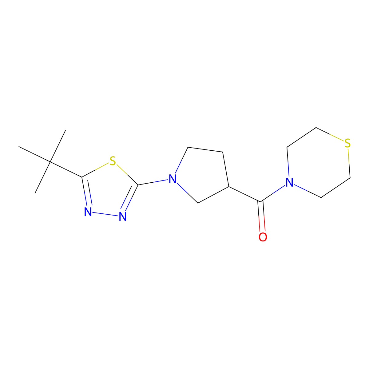 4-[1-(5-Tert-butyl-1,3,4-thiadiazol-2-yl)pyrrolidine-3-carbonyl]thiomorpholine molecular structure, CAS 2877706-10-8