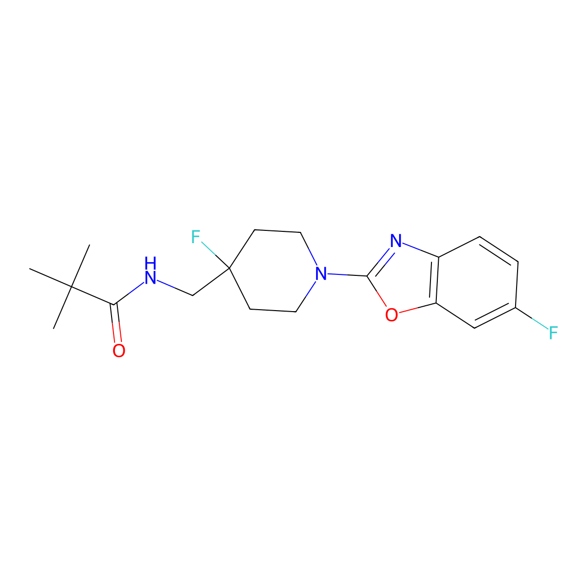 N-{[4-fluoro-1-(6-fluoro-1,3-benzoxazol-2-yl)piperidin-4-yl]methyl}-2,2-dimethylpropanamide molecular structure, CAS 2877706-16-4