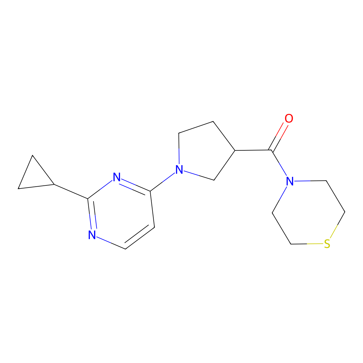 4-[1-(2-Cyclopropylpyrimidin-4-yl)pyrrolidine-3-carbonyl]thiomorpholine molecular structure, CAS 2877706-21-1