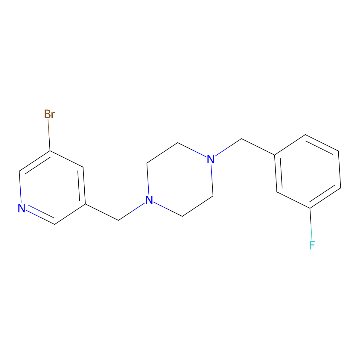 1-[(5-Bromopyridin-3-yl)methyl]-4-[(3-fluorophenyl)methyl]piperazine molecular structure, CAS 2877706-34-6