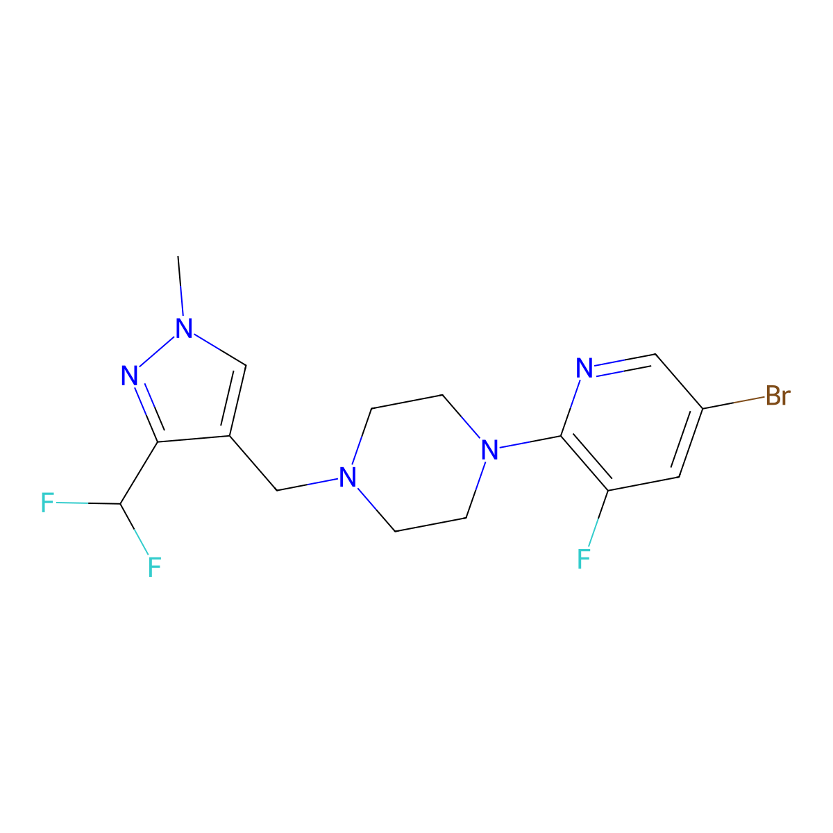 1-(5-bromo-3-fluoropyridin-2-yl)-4-{[3-(difluoromethyl)-1-methyl-1H-pyrazol-4-yl]methyl}piperazine molecular structure, CAS 2877706-36-8