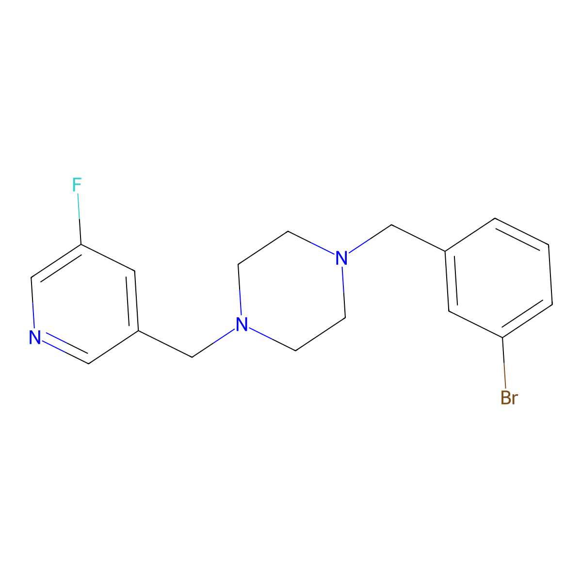 1-[(3-Bromophenyl)methyl]-4-[(5-fluoropyridin-3-yl)methyl]piperazine molecular structure, CAS 2877706-40-4