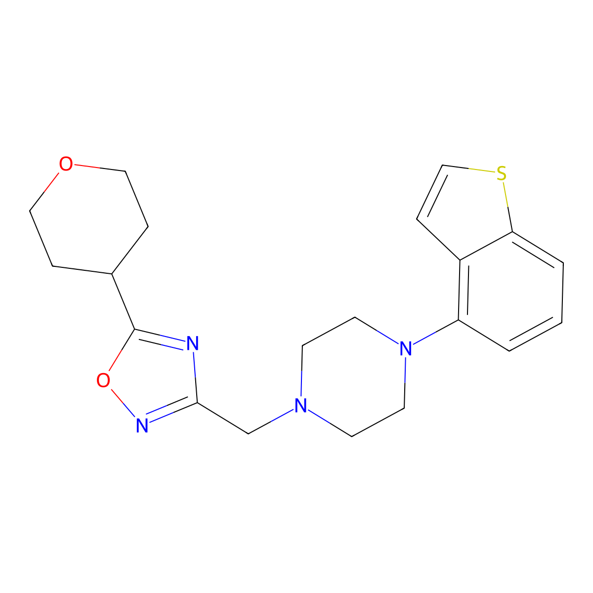 1-(1-Benzothiophen-4-yl)-4-{[5-(oxan-4-yl)-1,2,4-oxadiazol-3-yl]methyl}piperazine molecular structure, CAS 2877706-43-7