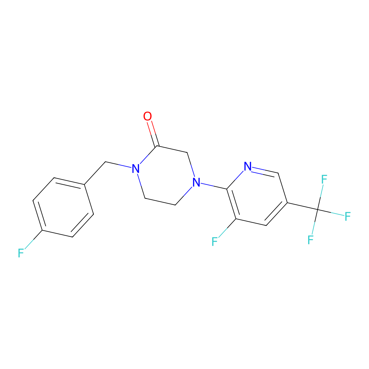 4-[3-Fluoro-5-(trifluoromethyl)pyridin-2-yl]-1-[(4-fluorophenyl)methyl]piperazin-2-one molecular structure, CAS 2877706-48-2