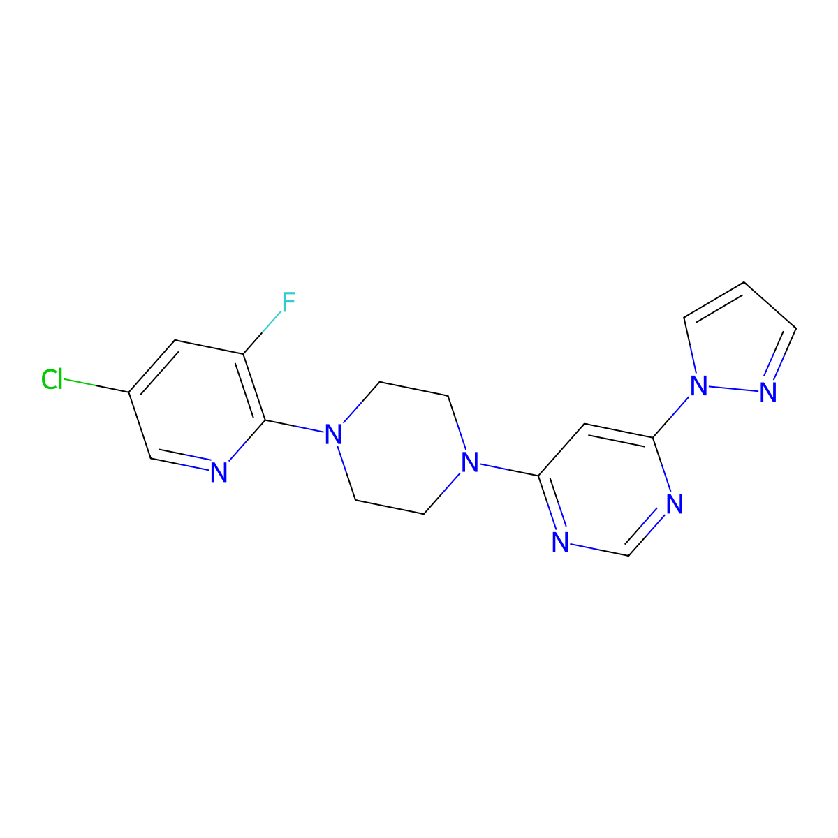 4-[4-(5-chloro-3-fluoropyridin-2-yl)piperazin-1-yl]-6-(1H-pyrazol-1-yl)pyrimidine molecular structure, CAS 2877707-54-3