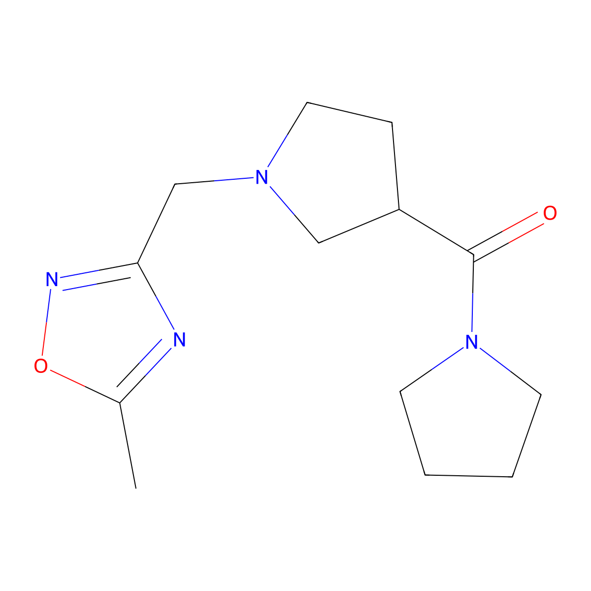 5-Methyl-3-{[3-(pyrrolidine-1-carbonyl)pyrrolidin-1-yl]methyl}-1,2,4-oxadiazole molecular structure, CAS 2877707-55-4