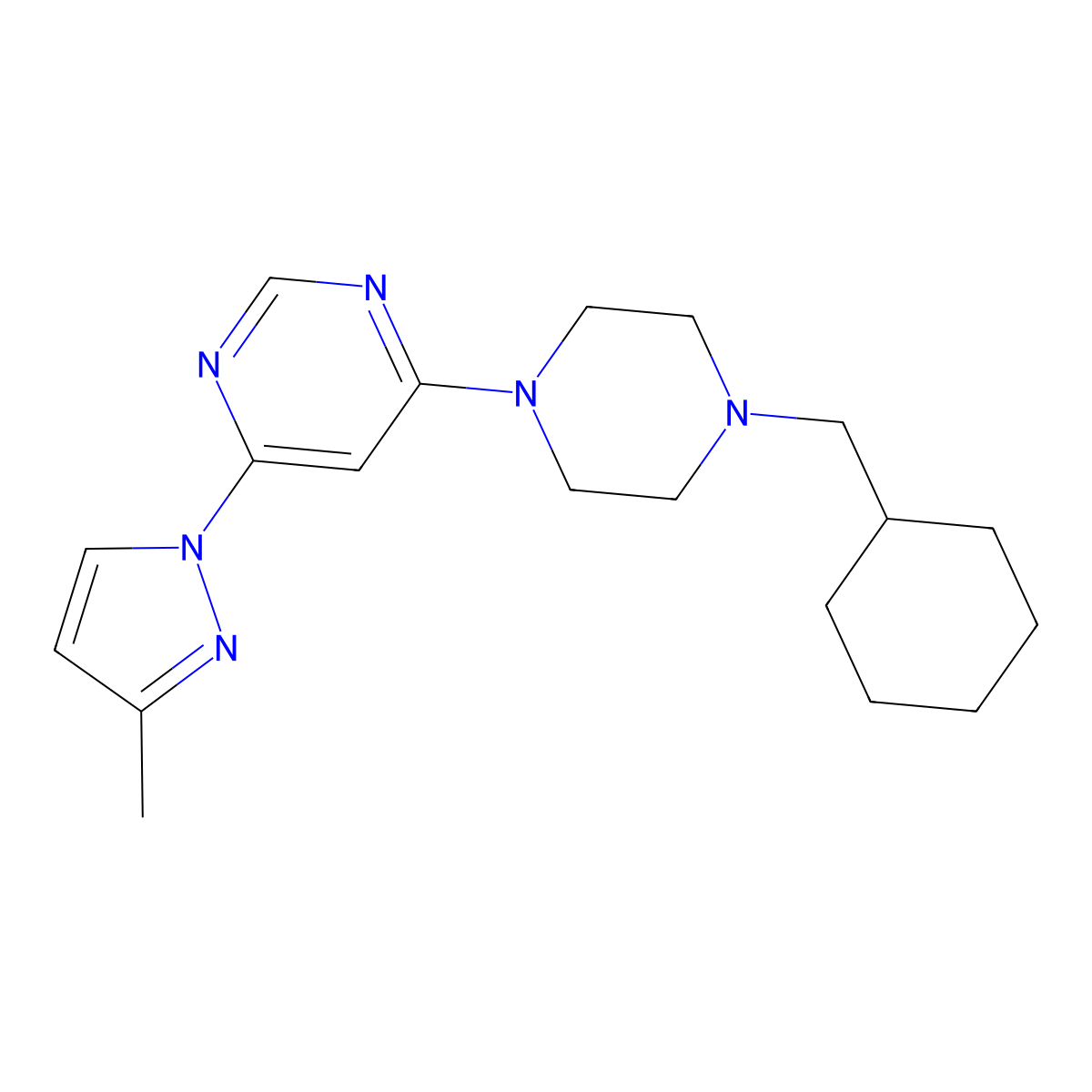 4-[4-(cyclohexylmethyl)piperazin-1-yl]-6-(3-methyl-1H-pyrazol-1-yl)pyrimidine molecular structure, CAS 2877707-58-7