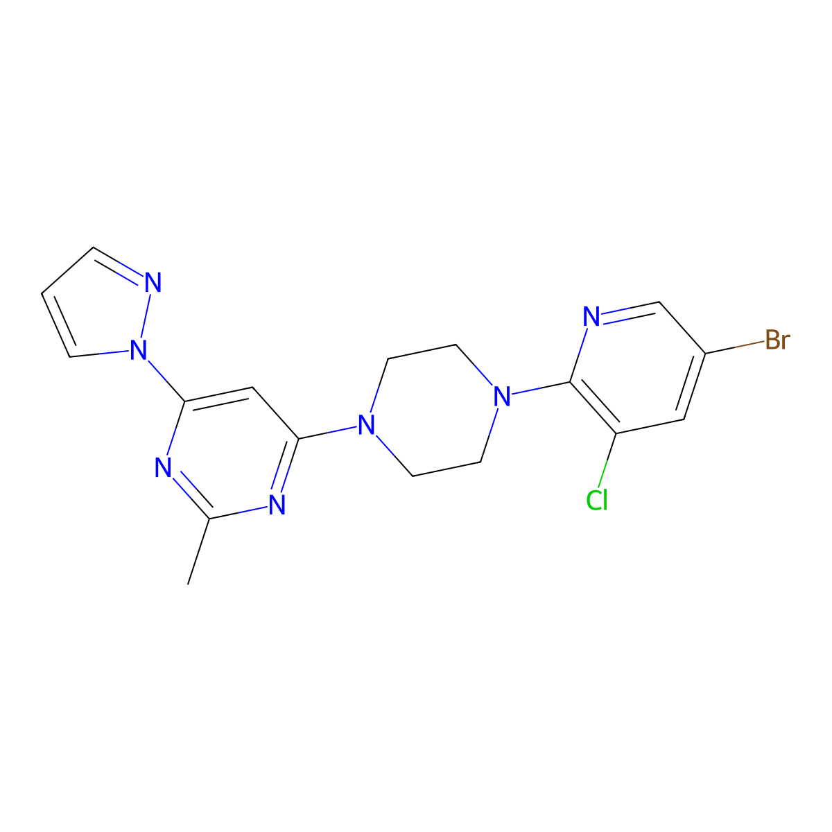 4-[4-(5-bromo-3-chloropyridin-2-yl)piperazin-1-yl]-2-methyl-6-(1H-pyrazol-1-yl)pyrimidine molecular structure, CAS 2877707-59-8