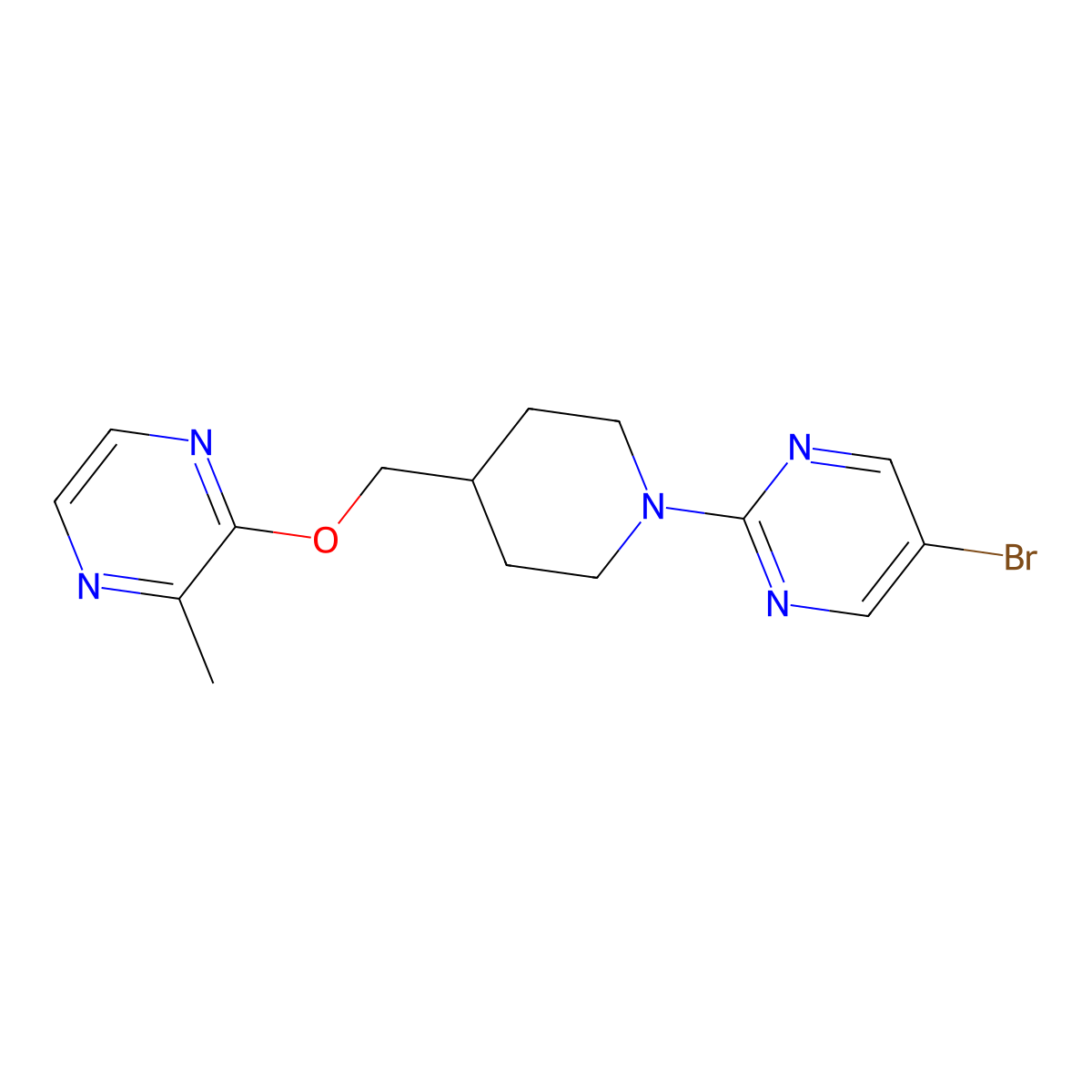5-Bromo-2-(4-{[(3-methylpyrazin-2-yl)oxy]methyl}piperidin-1-yl)pyrimidine molecular structure, CAS 2877707-61-2