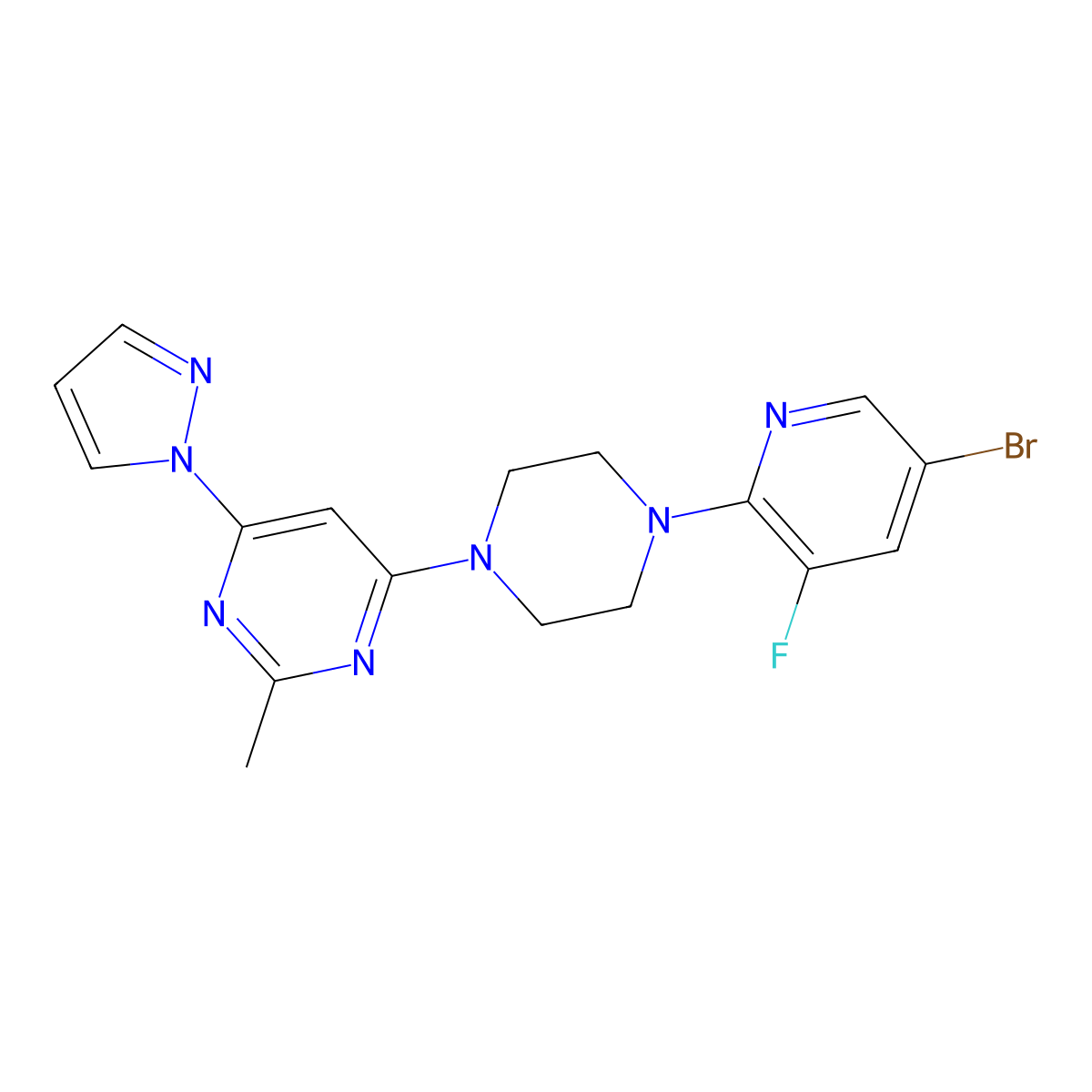 4-[4-(5-bromo-3-fluoropyridin-2-yl)piperazin-1-yl]-2-methyl-6-(1H-pyrazol-1-yl)pyrimidine molecular structure, CAS 2877707-66-7