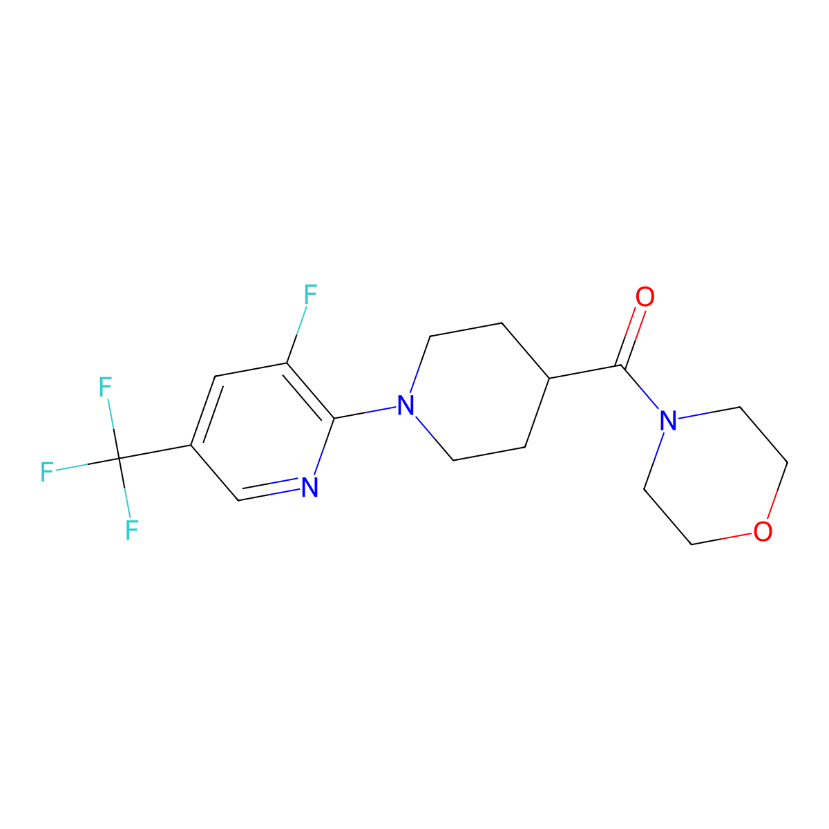 4-{1-[3-Fluoro-5-(trifluoromethyl)pyridin-2-yl]piperidine-4-carbonyl}morpholine molecular structure, CAS 2877707-72-5
