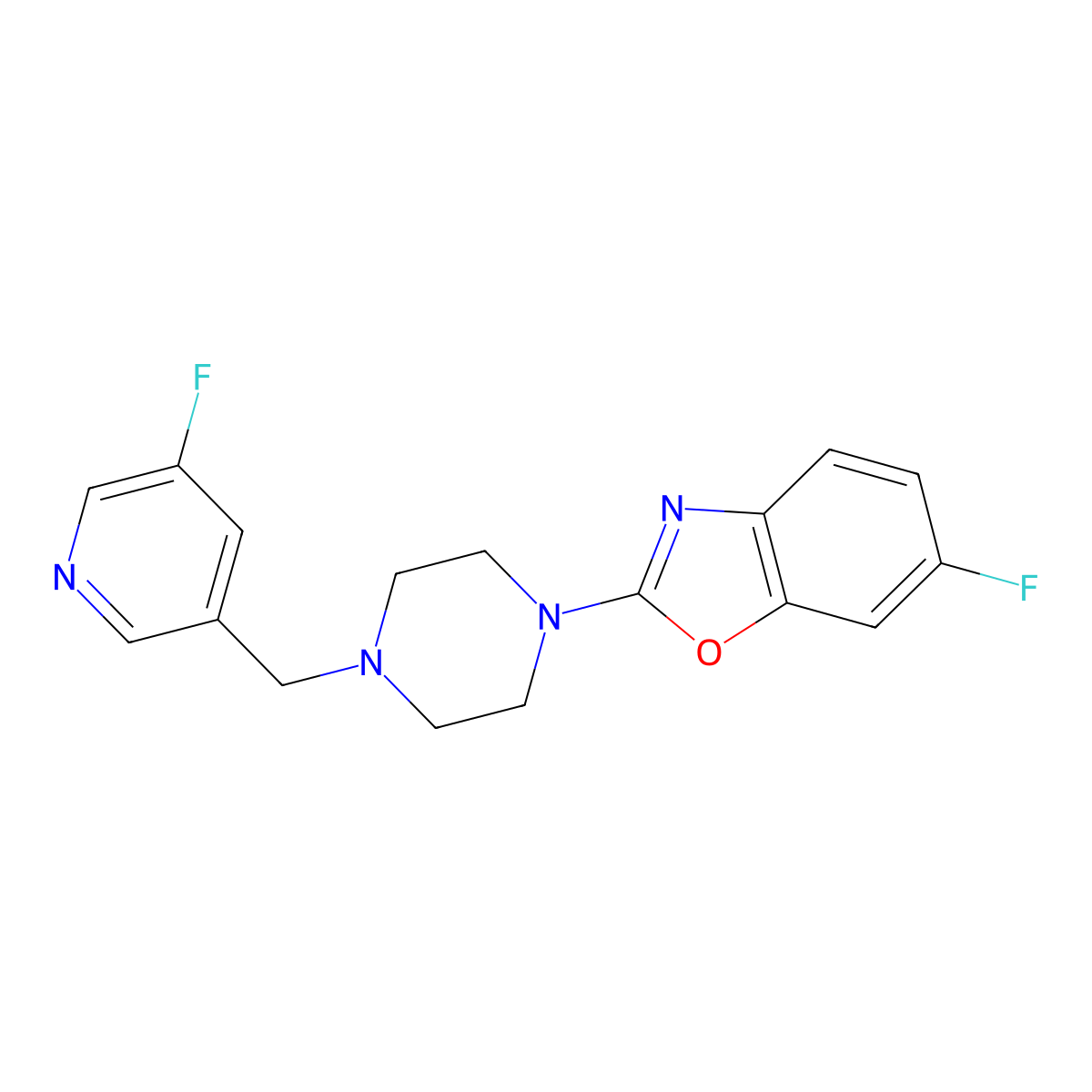 6-Fluoro-2-{4-[(5-fluoropyridin-3-yl)methyl]piperazin-1-yl}-1,3-benzoxazole molecular structure, CAS 2877707-73-6