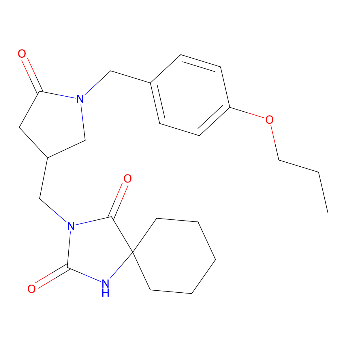 3-({5-Oxo-1-[(4-propoxyphenyl)methyl]pyrrolidin-3-yl}methyl)-1,3-diazaspiro[4.5]decane-2,4-dione molecular structure, CAS 2877707-75-8