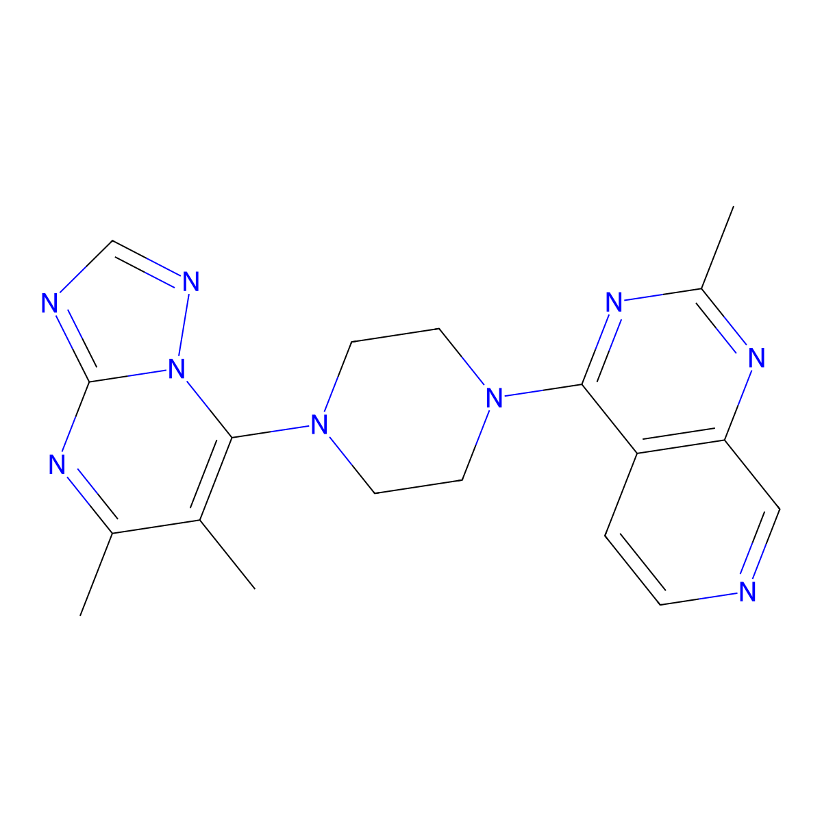 1-{5,6-Dimethyl-[1,2,4]triazolo[1,5-a]pyrimidin-7-yl}-4-{2-methylpyrido[3,4-d]pyrimidin-4-yl}piperazine molecular structure, CAS 2877707-77-0