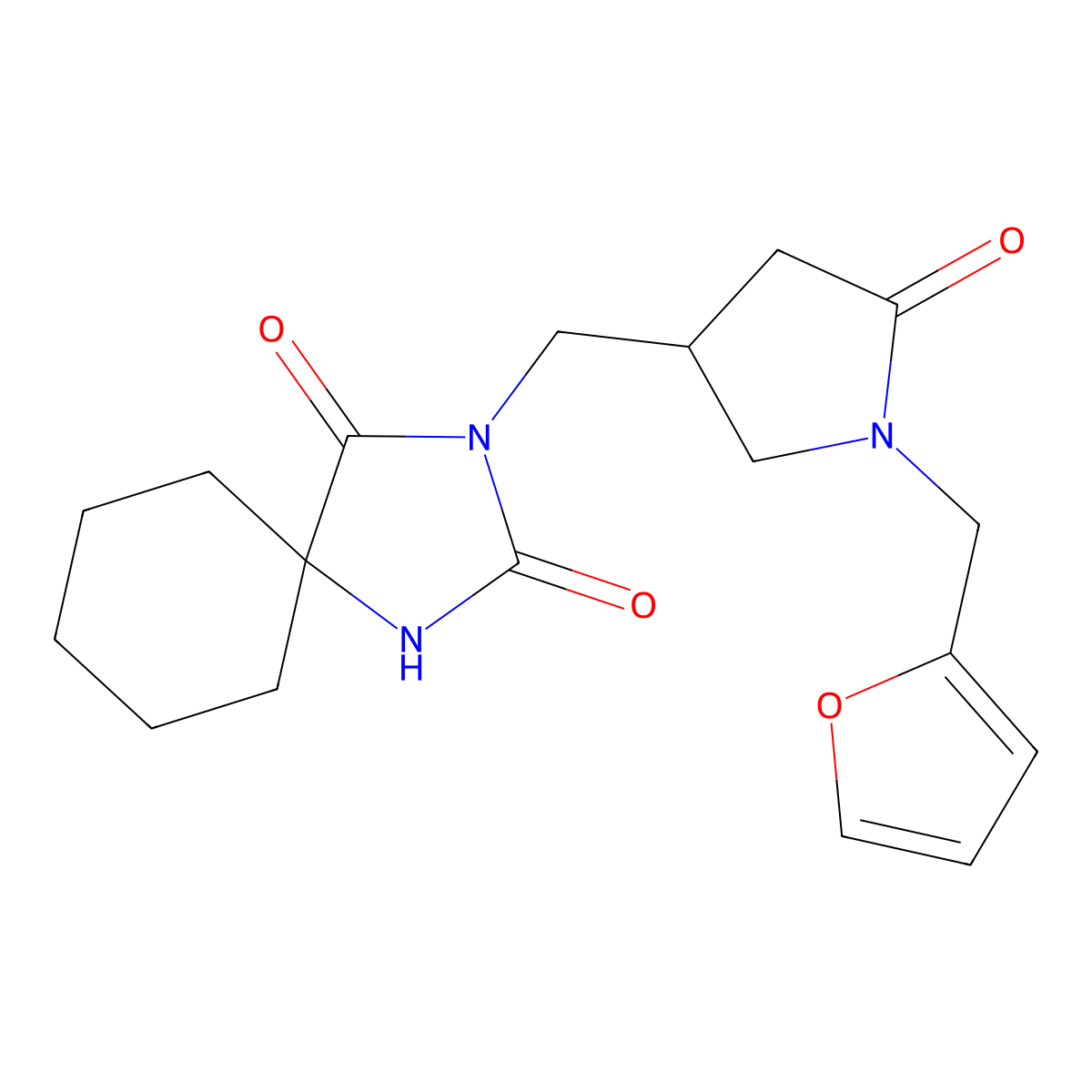 3-({1-[(Furan-2-yl)methyl]-5-oxopyrrolidin-3-yl}methyl)-1,3-diazaspiro[4.5]decane-2,4-dione molecular structure, CAS 2877707-78-1
