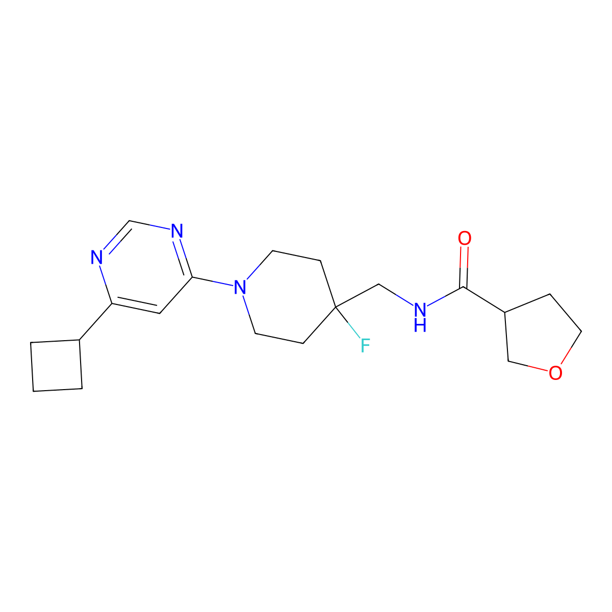 N-{[1-(6-cyclobutylpyrimidin-4-yl)-4-fluoropiperidin-4-yl]methyl}oxolane-3-carboxamide molecular structure, CAS 2877707-85-0