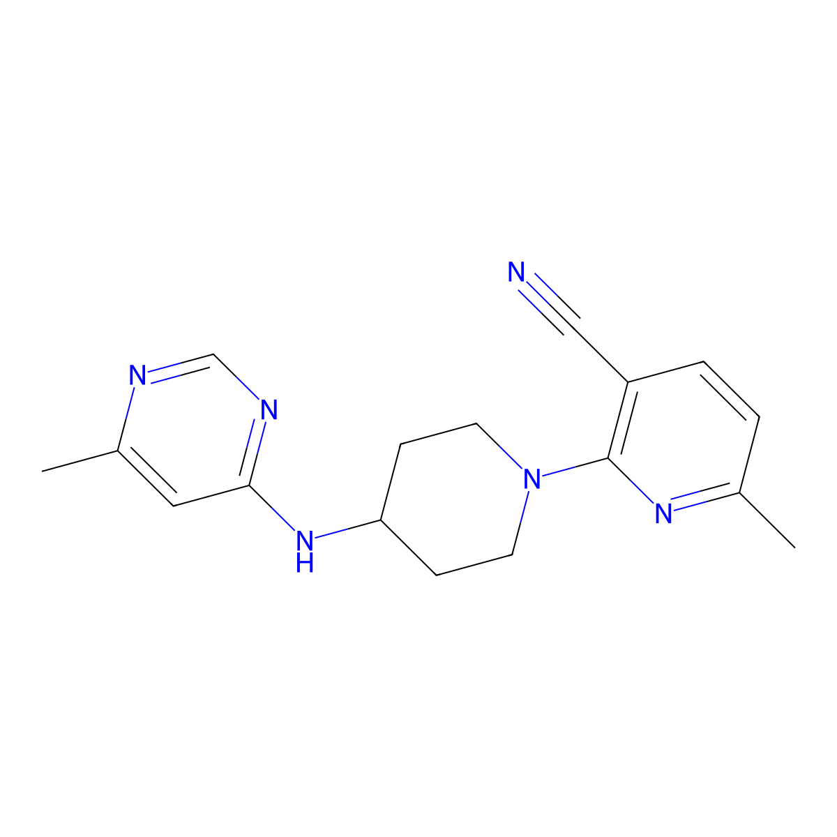 6-Methyl-2-{4-[(6-methylpyrimidin-4-yl)amino]piperidin-1-yl}pyridine-3-carbonitrile molecular structure, CAS 2877707-93-0