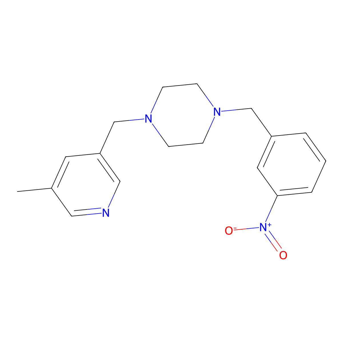 1-[(5-Methylpyridin-3-yl)methyl]-4-[(3-nitrophenyl)methyl]piperazine molecular structure, CAS 2877708-07-9