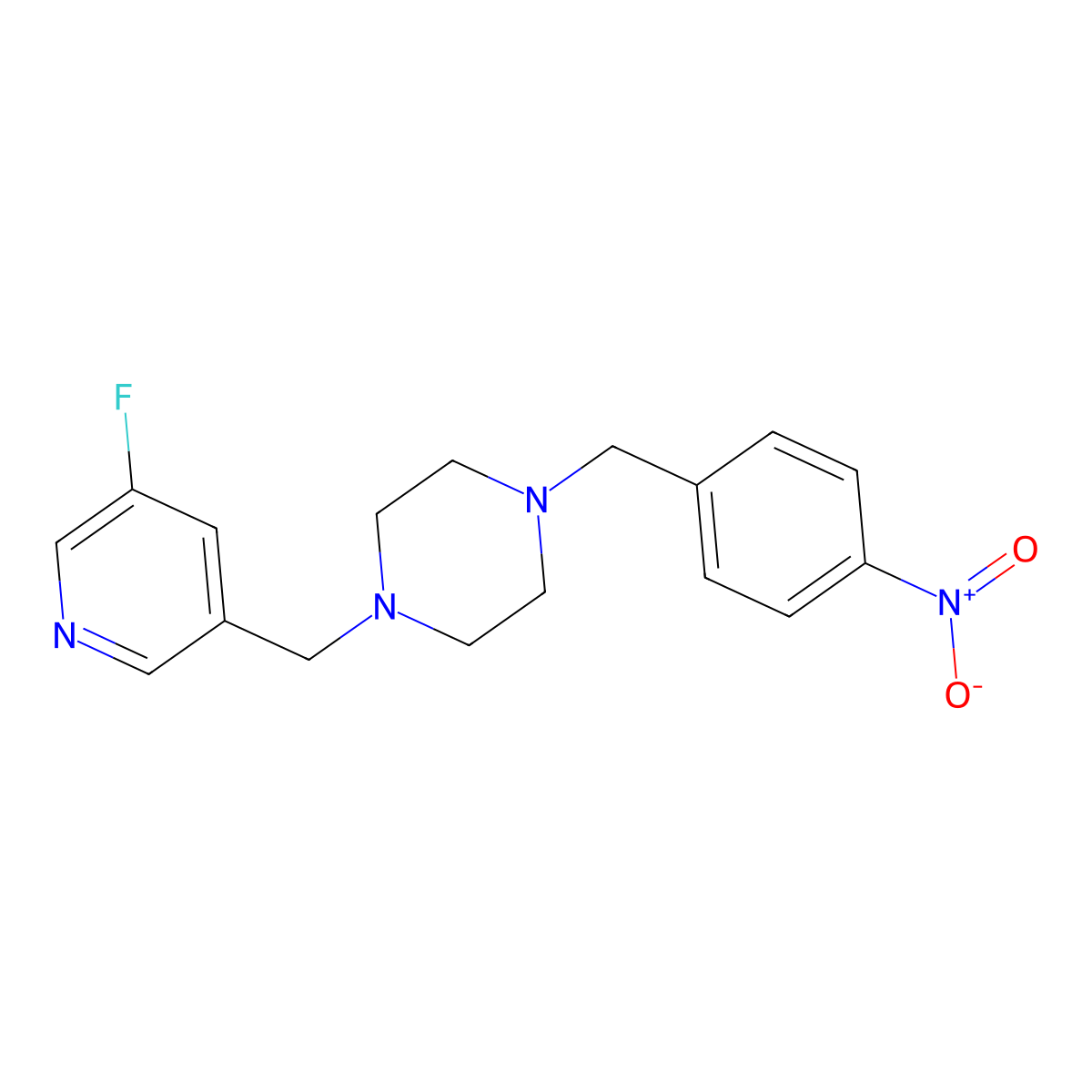 1-[(5-Fluoropyridin-3-yl)methyl]-4-[(4-nitrophenyl)methyl]piperazine molecular structure, CAS 2877708-19-3