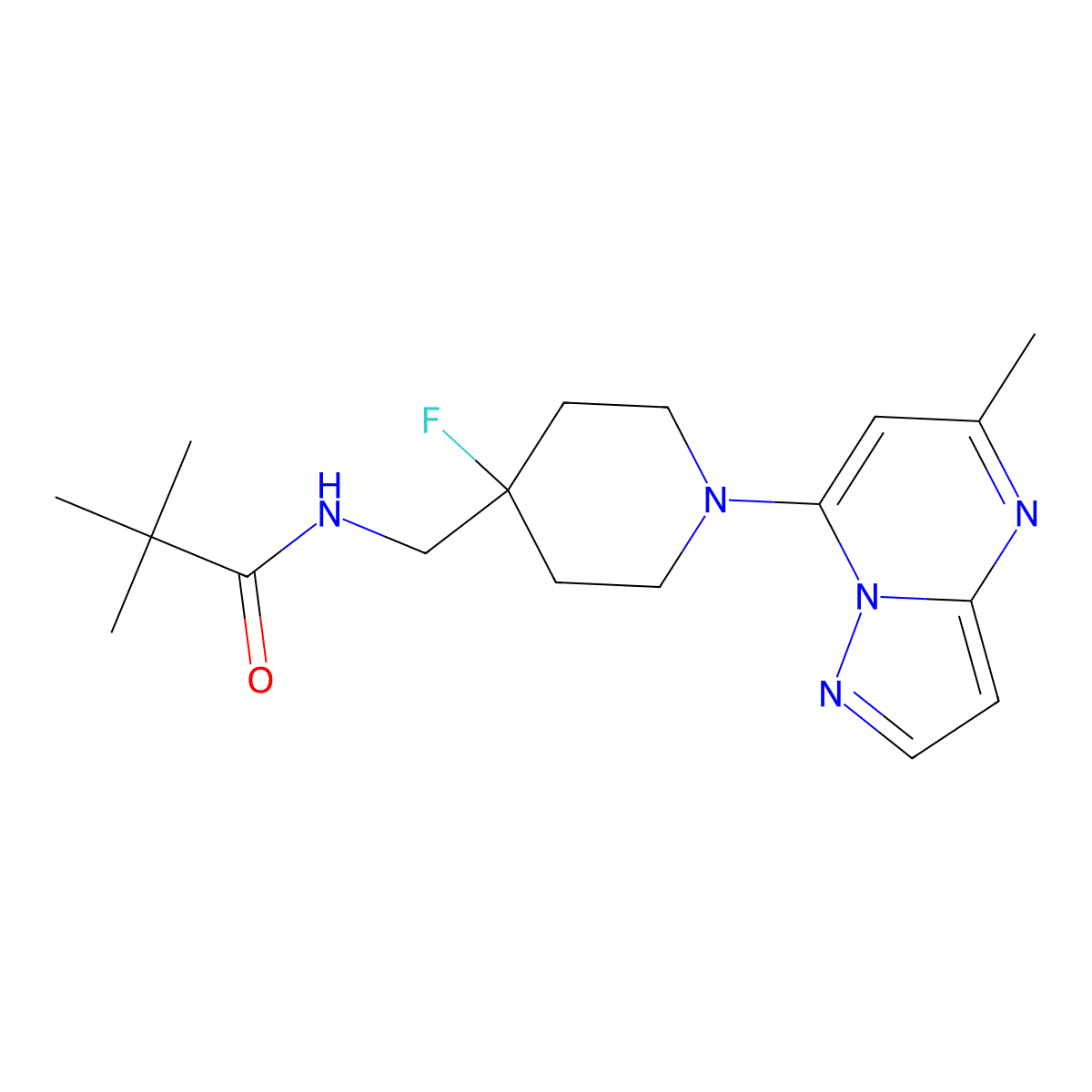N-[(4-fluoro-1-{5-methylpyrazolo[1,5-a]pyrimidin-7-yl}piperidin-4-yl)methyl]-2,2-dimethylpropanamide molecular structure, CAS 2877708-20-6