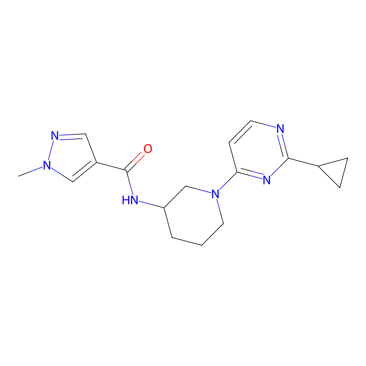 N-[1-(2-cyclopropylpyrimidin-4-yl)piperidin-3-yl]-1-methyl-1H-pyrazole-4-carboxamide molecular structure, CAS 2877708-22-8