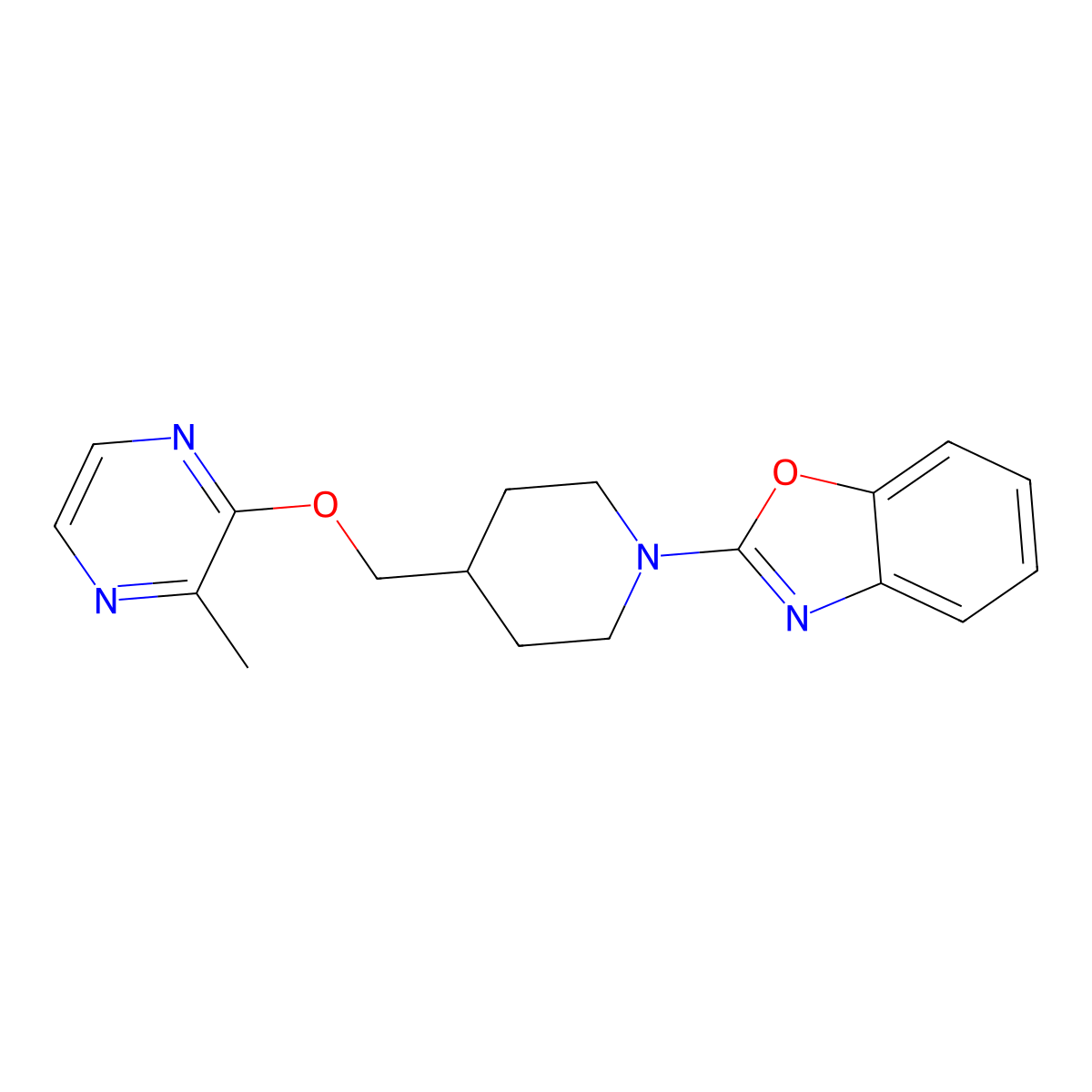 2-(4-{[(3-Methylpyrazin-2-yl)oxy]methyl}piperidin-1-yl)-1,3-benzoxazole molecular structure, CAS 2877708-26-2