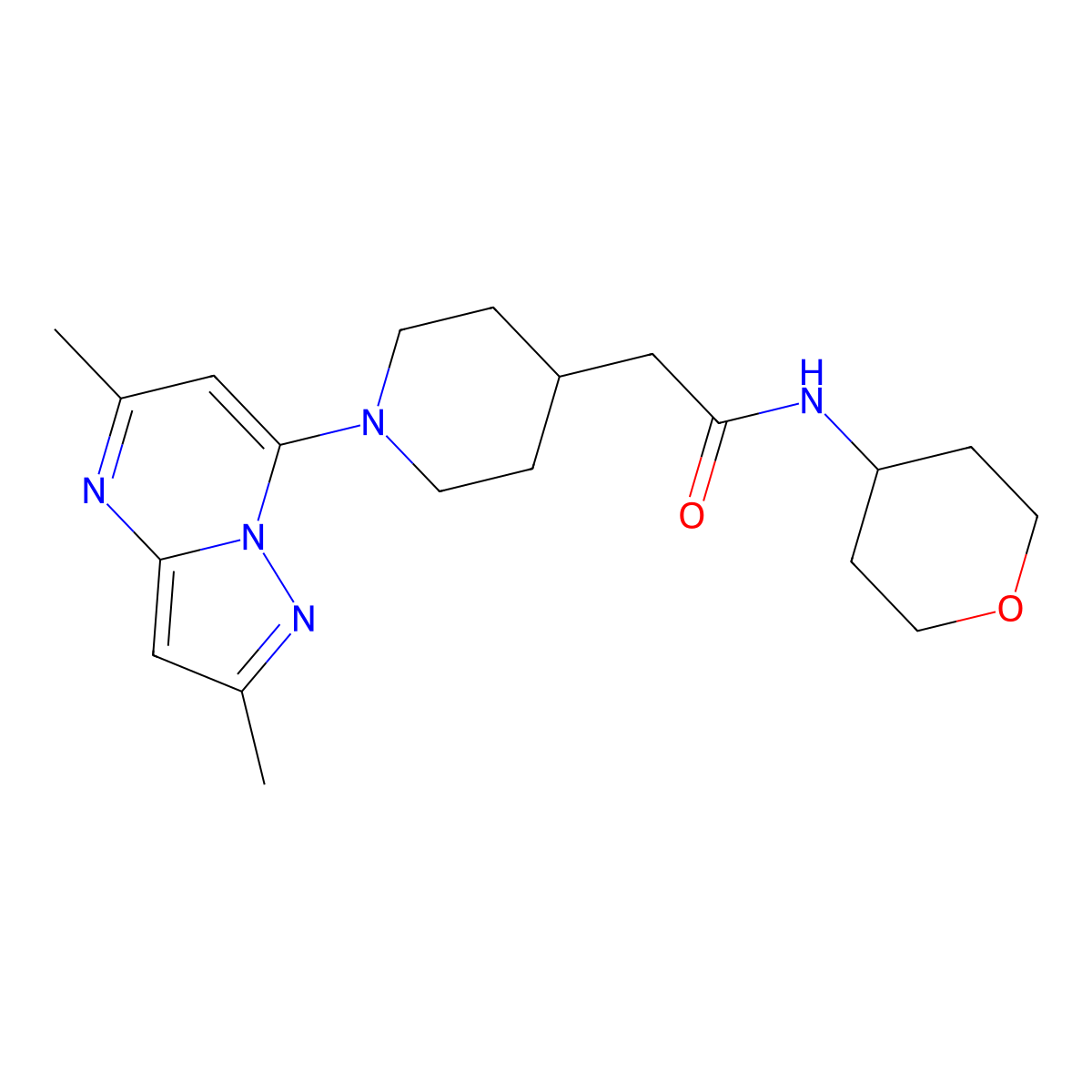 2-(1-{2,5-dimethylpyrazolo[1,5-a]pyrimidin-7-yl}piperidin-4-yl)-N-(oxan-4-yl)acetamide molecular structure, CAS 2877708-28-4