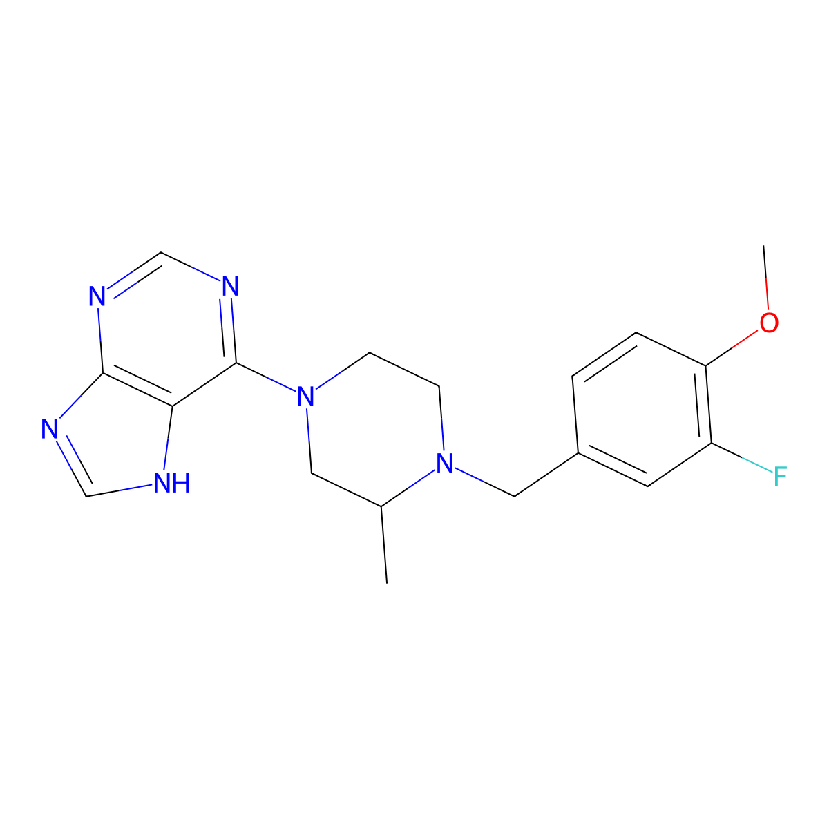 6-{4-[(3-fluoro-4-methoxyphenyl)methyl]-3-methylpiperazin-1-yl}-9H-purine molecular structure, CAS 2877708-29-5