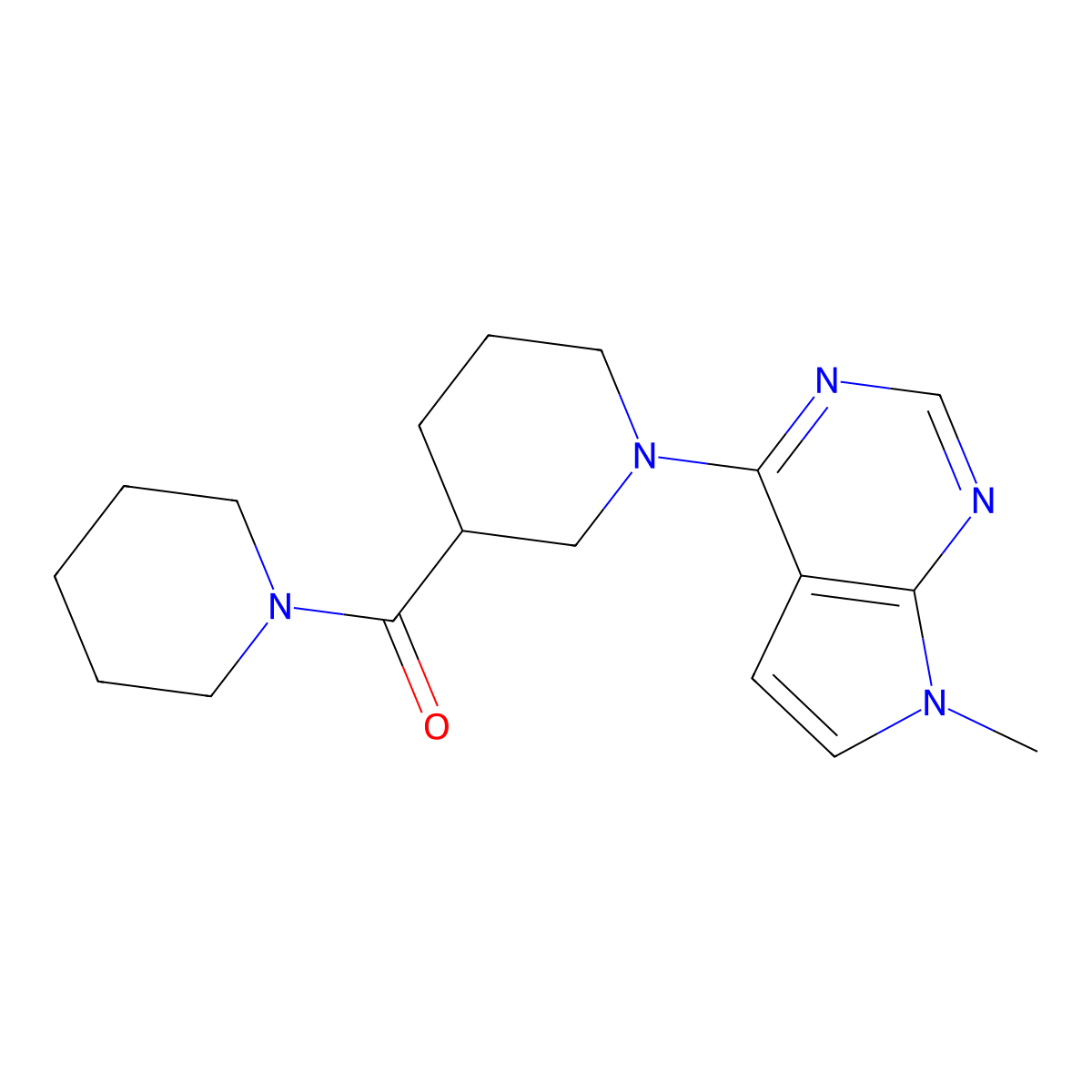 1-{7-methyl-7H-pyrrolo[2,3-d]pyrimidin-4-yl}-3-(piperidine-1-carbonyl)piperidine molecular structure, CAS 2877708-34-2