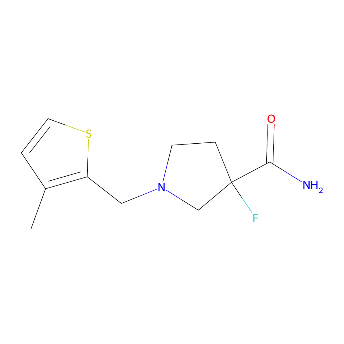3-Fluoro-1-[(3-methylthiophen-2-yl)methyl]pyrrolidine-3-carboxamide molecular structure, CAS 2877708-39-7