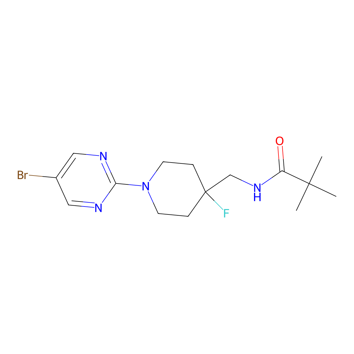 N-{[1-(5-bromopyrimidin-2-yl)-4-fluoropiperidin-4-yl]methyl}-2,2-dimethylpropanamide molecular structure, CAS 2877708-43-3
