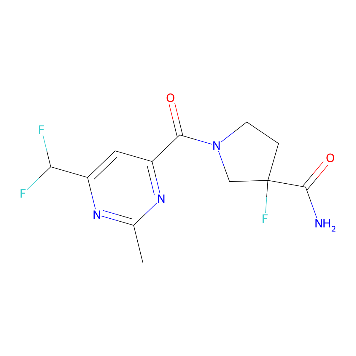 1-[6-(Difluoromethyl)-2-methylpyrimidine-4-carbonyl]-3-fluoropyrrolidine-3-carboxamide molecular structure, CAS 2877708-44-4