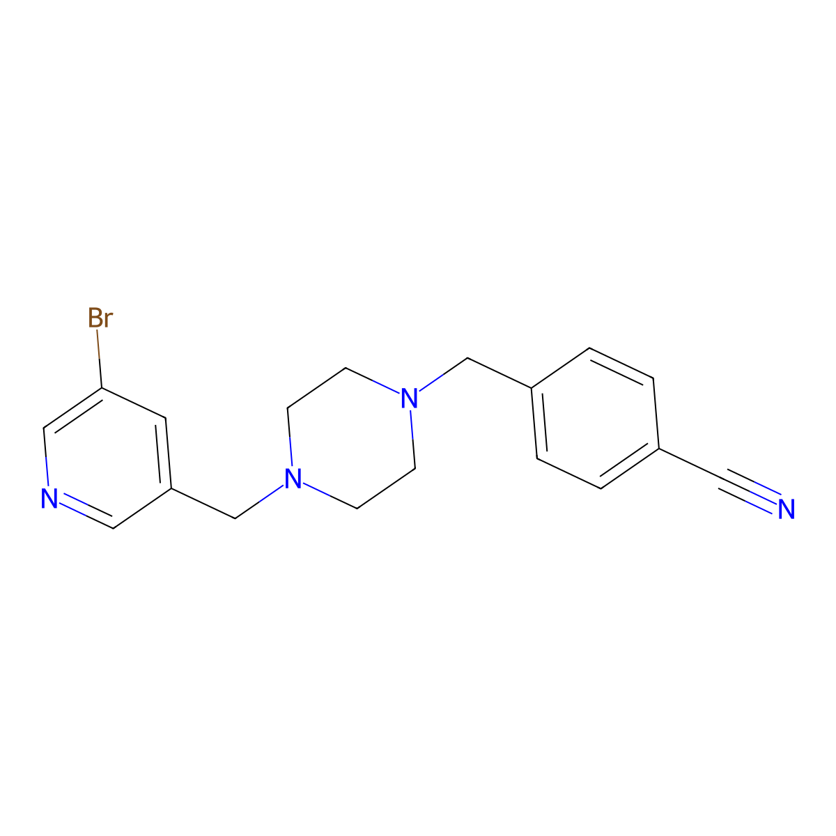 4-({4-[(5-Bromopyridin-3-yl)methyl]piperazin-1-yl}methyl)benzonitrile molecular structure, CAS 2877708-45-5