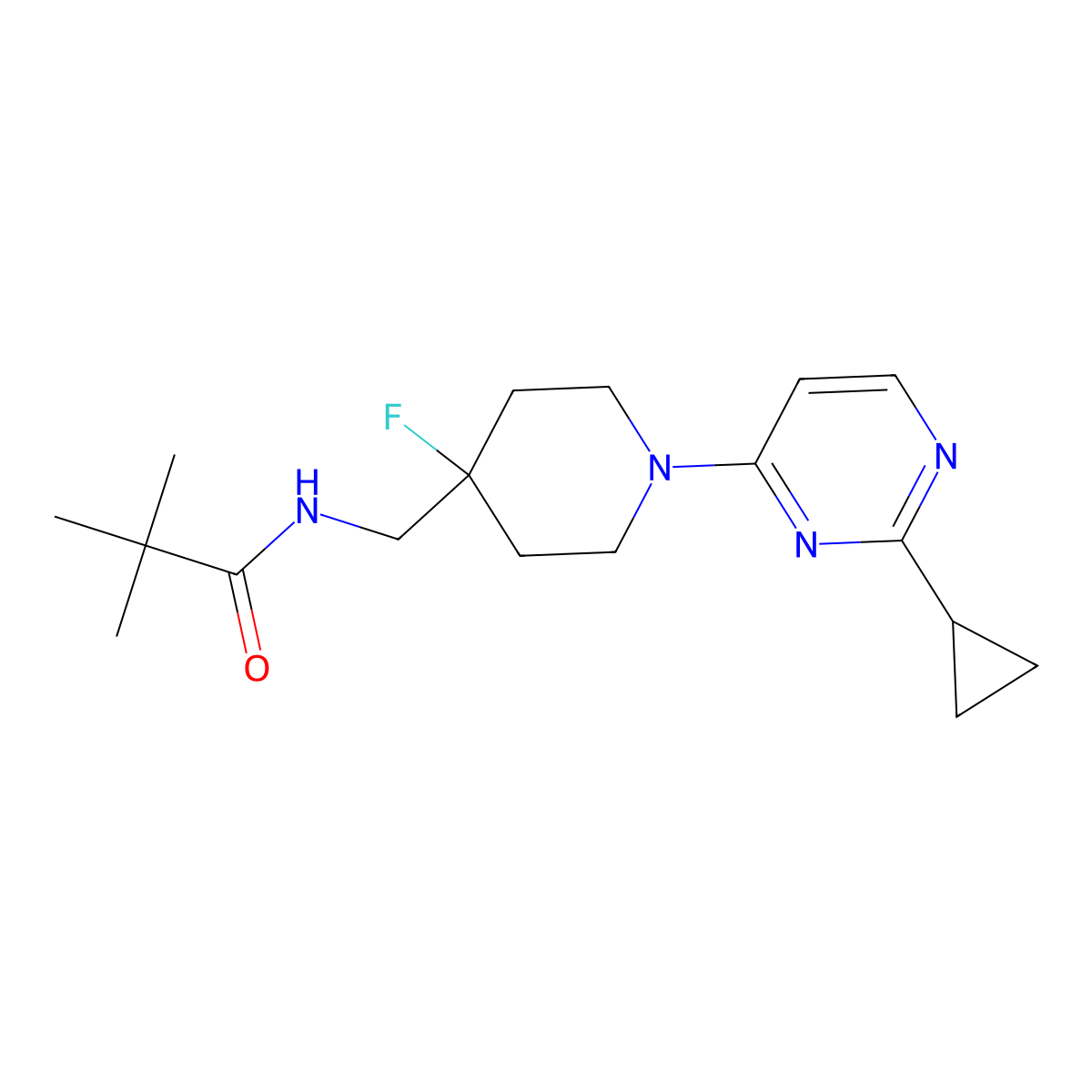 N-{[1-(2-cyclopropylpyrimidin-4-yl)-4-fluoropiperidin-4-yl]methyl}-2,2-dimethylpropanamide molecular structure, CAS 2877708-48-8