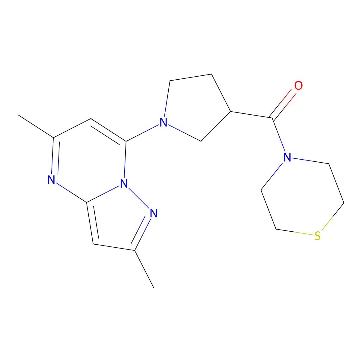 4-(1-{2,5-Dimethylpyrazolo[1,5-a]pyrimidin-7-yl}pyrrolidine-3-carbonyl)thiomorpholine molecular structure, CAS 2877708-52-4