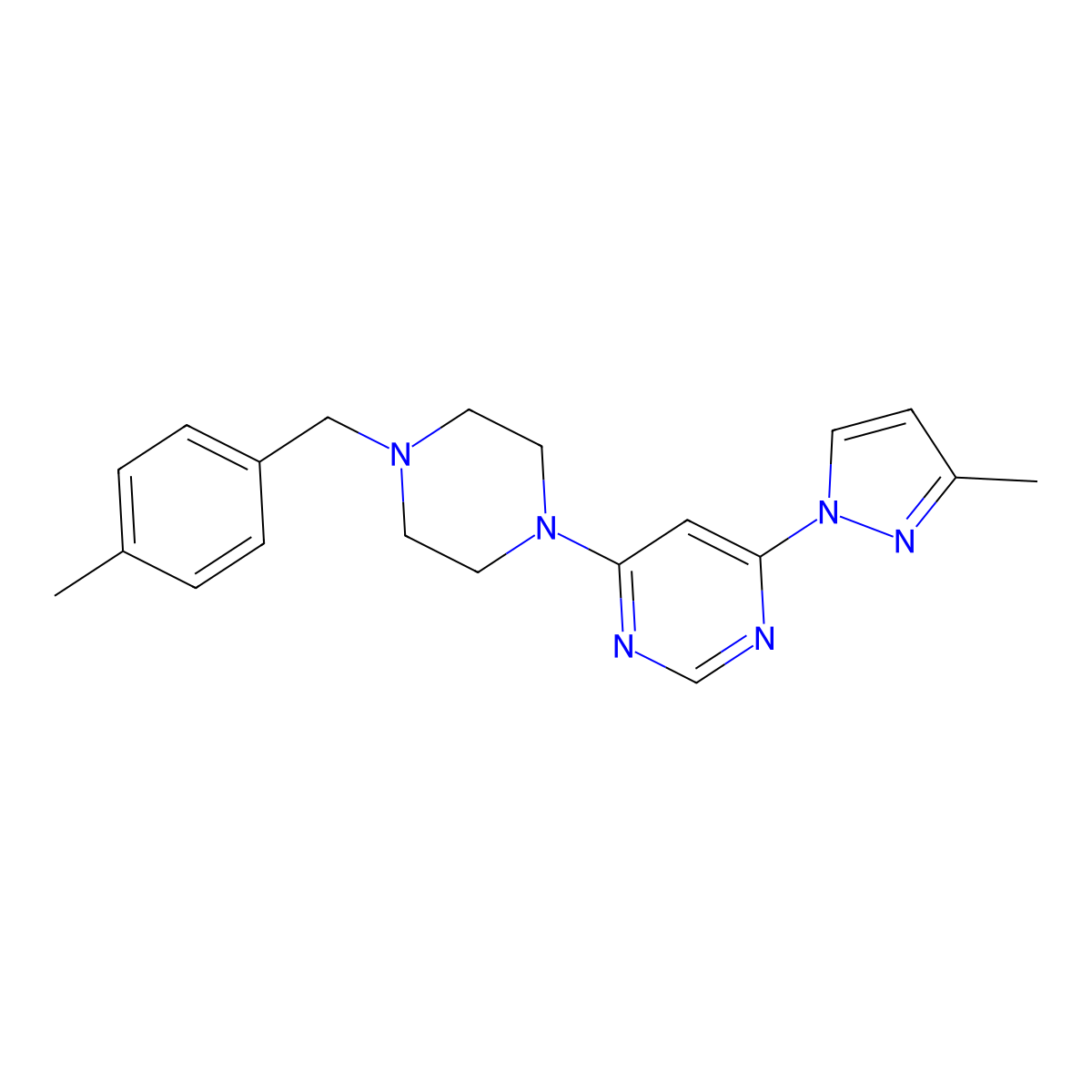 4-(3-methyl-1H-pyrazol-1-yl)-6-{4-[(4-methylphenyl)methyl]piperazin-1-yl}pyrimidine molecular structure, CAS 2877708-54-6