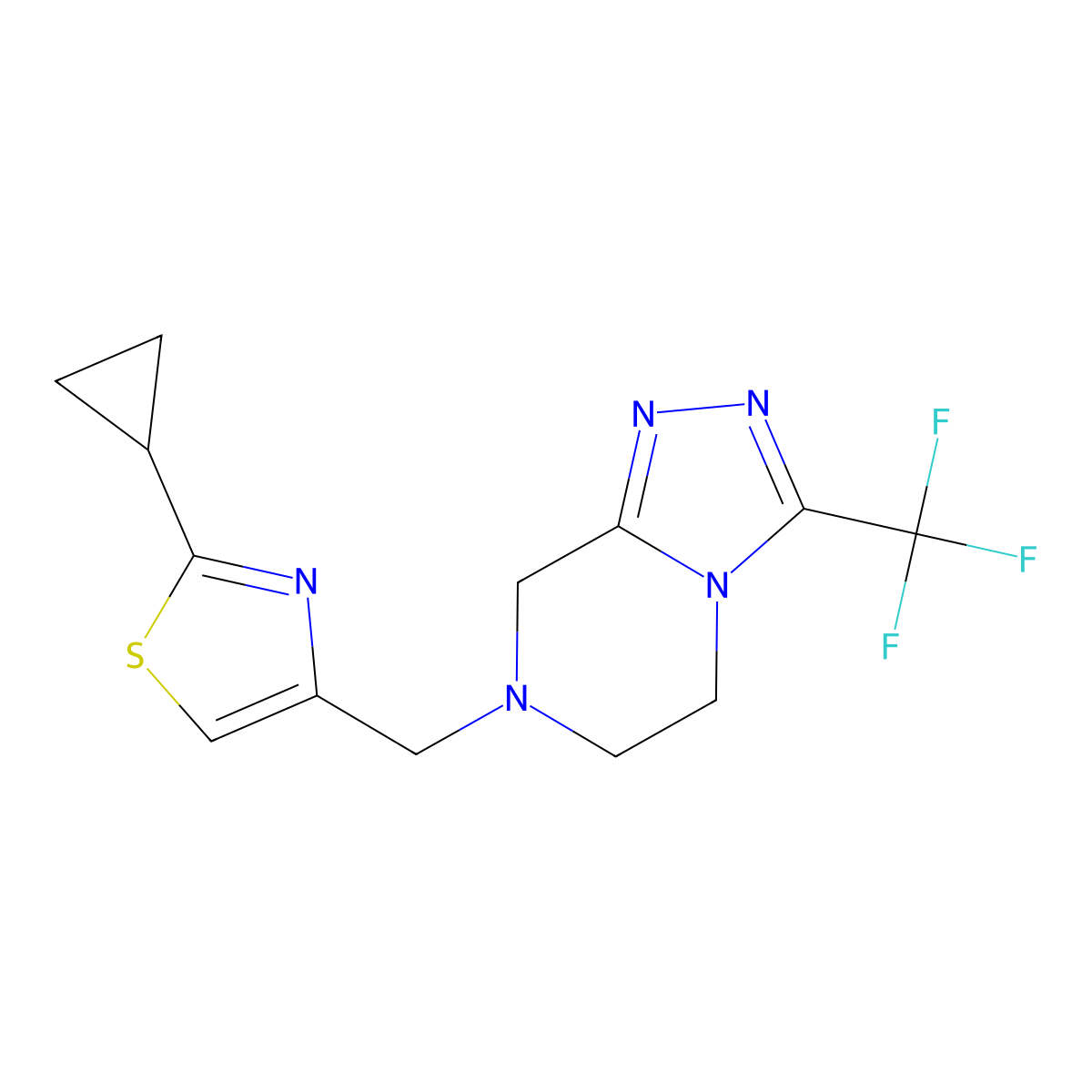 2-cyclopropyl-4-{[3-(trifluoromethyl)-5H,6H,7H,8H-[1,2,4]triazolo[4,3-a]pyrazin-7-yl]methyl}-1,3-thiazole molecular structure, CAS 2877708-57-9