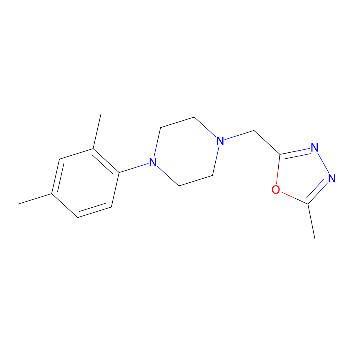 1-(2,4-Dimethylphenyl)-4-[(5-methyl-1,3,4-oxadiazol-2-yl)methyl]piperazine molecular structure, CAS 2877708-61-5