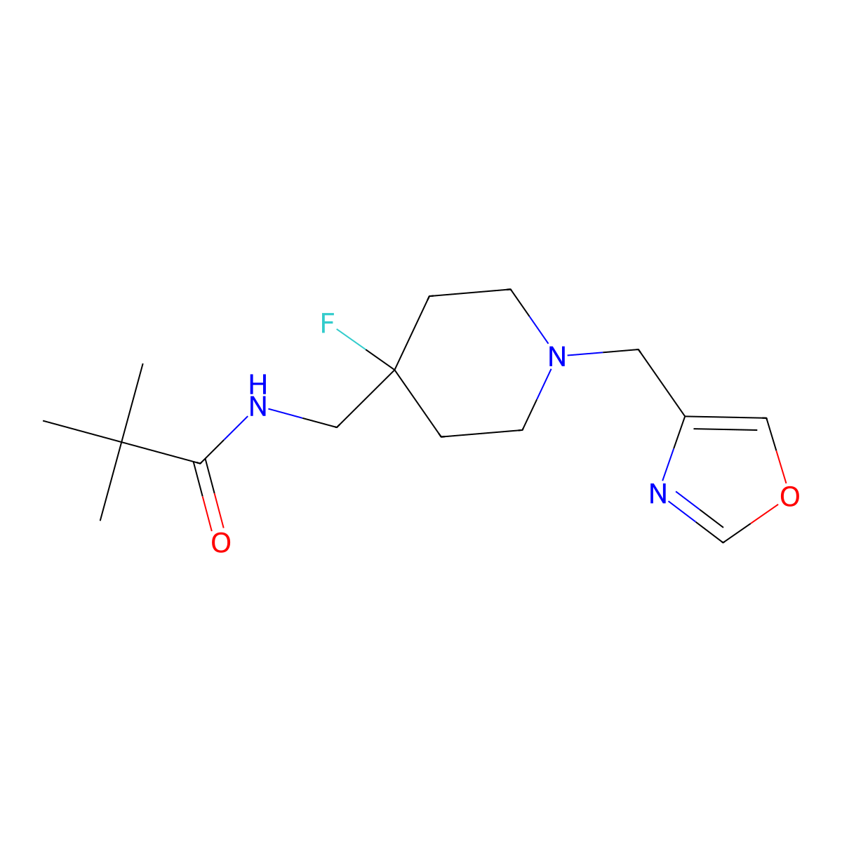 N-({4-fluoro-1-[(1,3-oxazol-4-yl)methyl]piperidin-4-yl}methyl)-2,2-dimethylpropanamide molecular structure, CAS 2877708-66-0