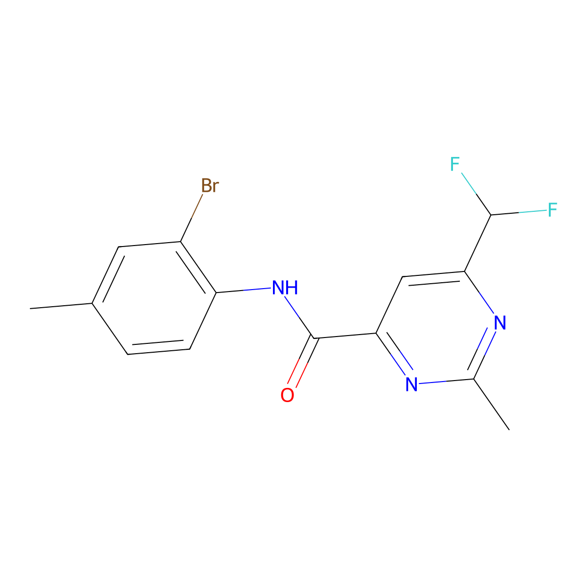 N-(2-bromo-4-methylphenyl)-6-(difluoromethyl)-2-methylpyrimidine-4-carboxamide molecular structure, CAS 2877708-70-6