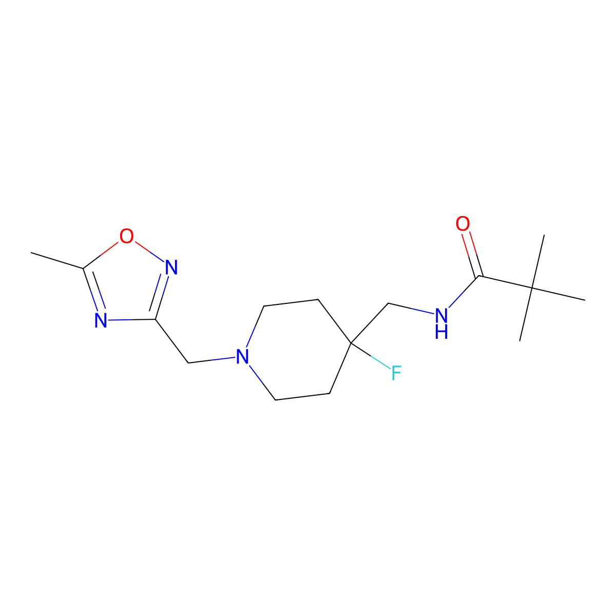N-({4-fluoro-1-[(5-methyl-1,2,4-oxadiazol-3-yl)methyl]piperidin-4-yl}methyl)-2,2-dimethylpropanamide molecular structure, CAS 2877708-72-8