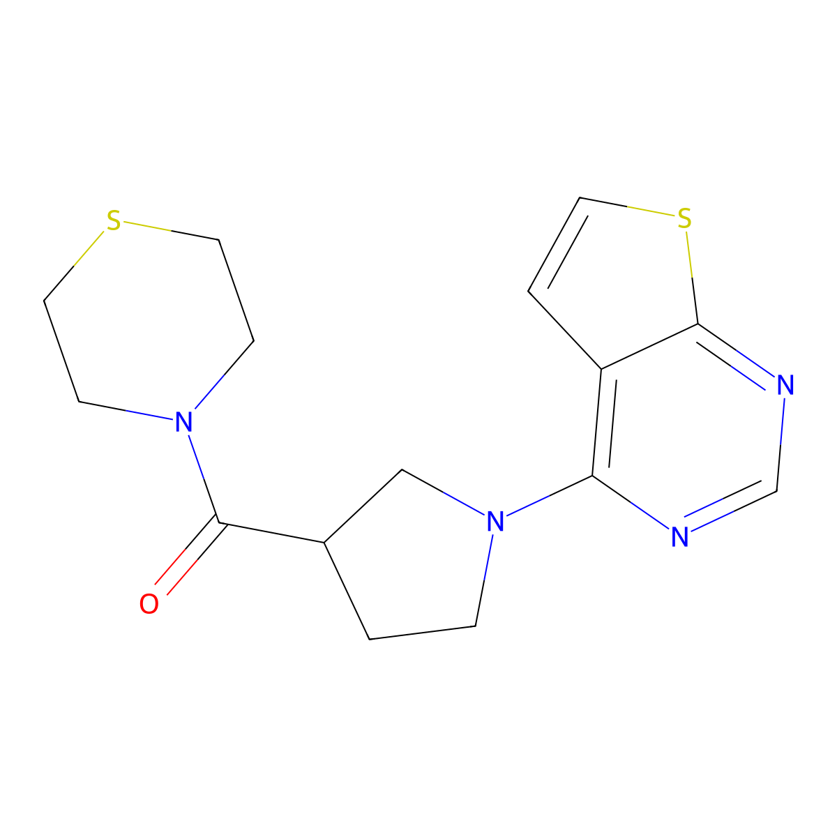4-(1-{Thieno[2,3-d]pyrimidin-4-yl}pyrrolidine-3-carbonyl)thiomorpholine molecular structure, CAS 2877708-73-9