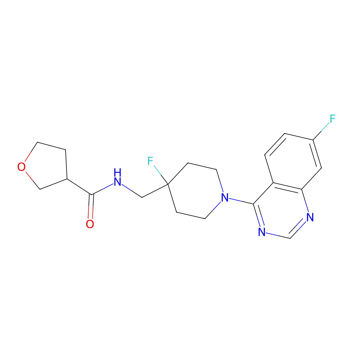 N-{[4-fluoro-1-(7-fluoroquinazolin-4-yl)piperidin-4-yl]methyl}oxolane-3-carboxamide molecular structure, CAS 2877708-76-2