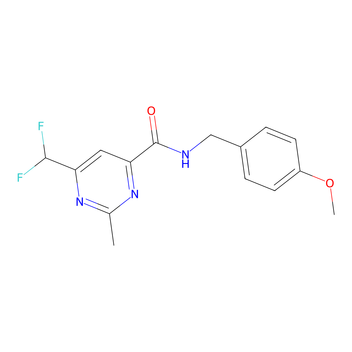 6-(difluoromethyl)-N-[(4-methoxyphenyl)methyl]-2-methylpyrimidine-4-carboxamide molecular structure, CAS 2877708-78-4