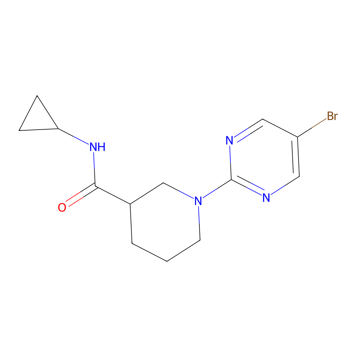 1-(5-bromopyrimidin-2-yl)-N-cyclopropylpiperidine-3-carboxamide molecular structure, CAS 2877708-80-8