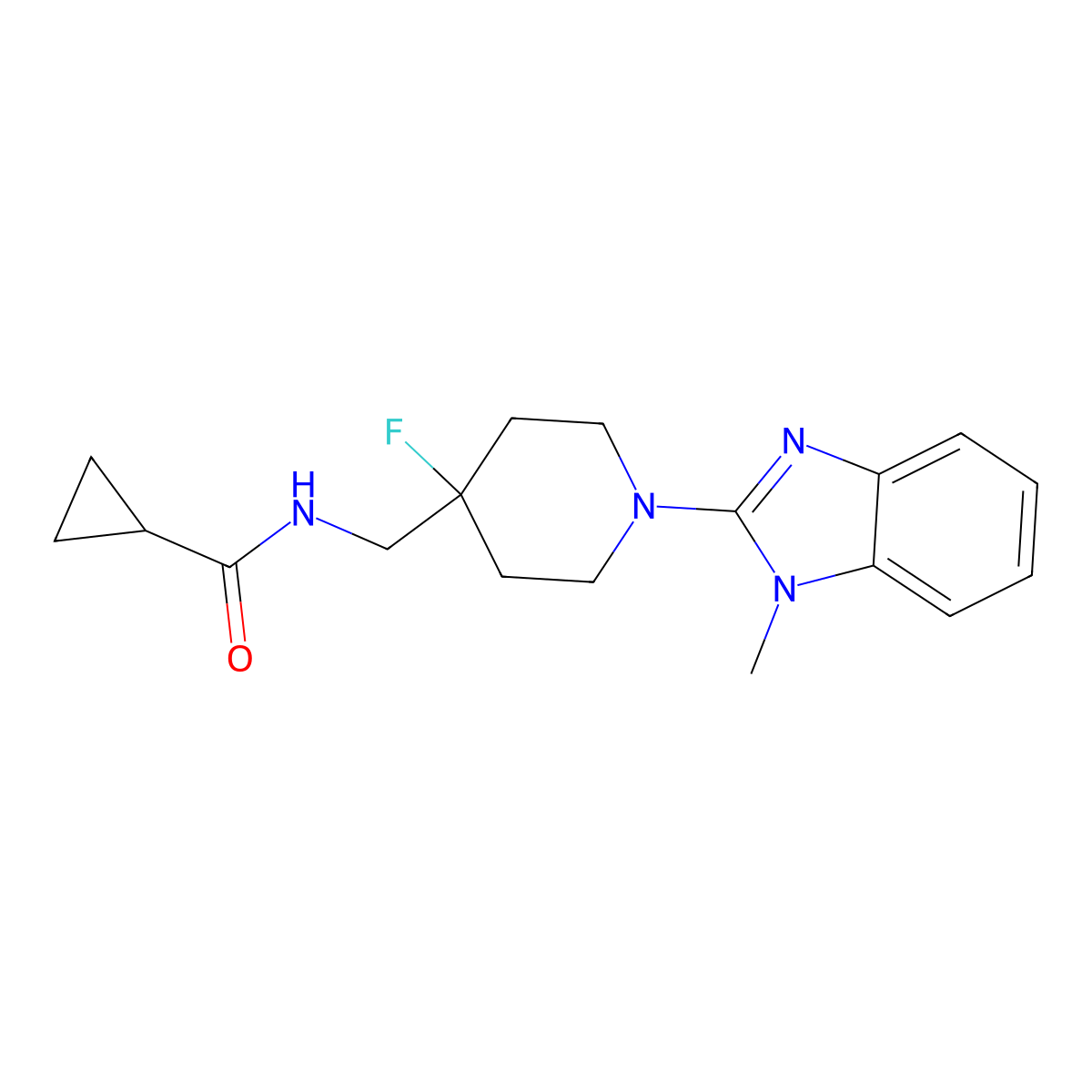 N-{[4-fluoro-1-(1-methyl-1H-1,3-benzodiazol-2-yl)piperidin-4-yl]methyl}cyclopropanecarboxamide molecular structure, CAS 2877709-01-6